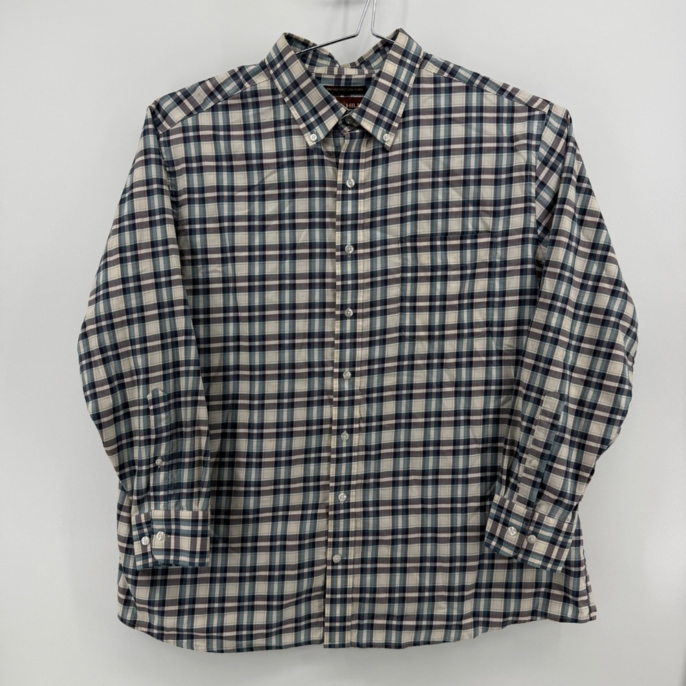 Oak Hill Button Down Shirt Men 1XL Blue Plaid Cotton Wrinkle Free Cool & Dry
